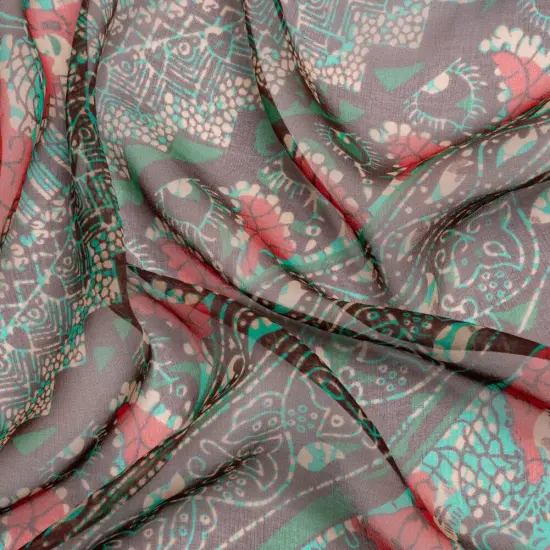 1 Yard Chocolate Berry Turquoise Floral Geometric Diagonal Stripes Silk Chiffon, 54 Inches Wide {1}