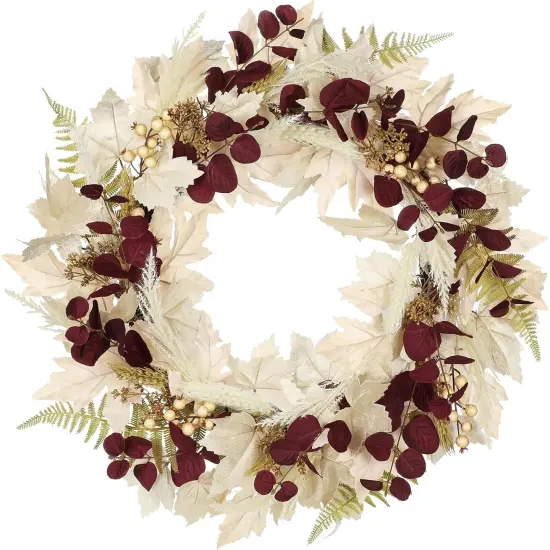 Artificial Fall Maple Leaf Wreath with Burgundy Eucalyptus (24"-26") {1}