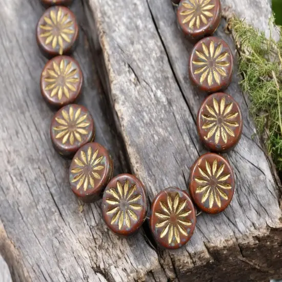 *15* 12mm Gold Washed Opaque Orange Picasso Aster Flower Coin Beads {3}