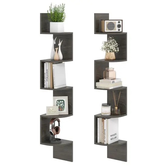 Costway 1/2 PCS 5-Tier Floating Bookshelf with Safe Round Edge Space-Saving Plant Display Shelf Brown/White/Gray {12}