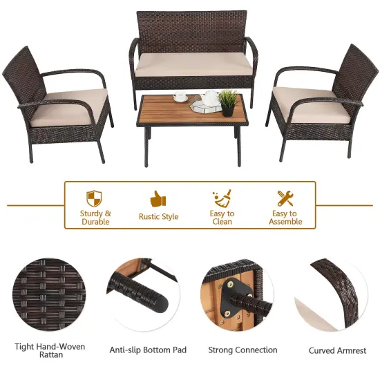 Costway 4PCS Patio Rattan Furniture Set Outdoor Conversation Set Coffee Table w/Cushions {6}