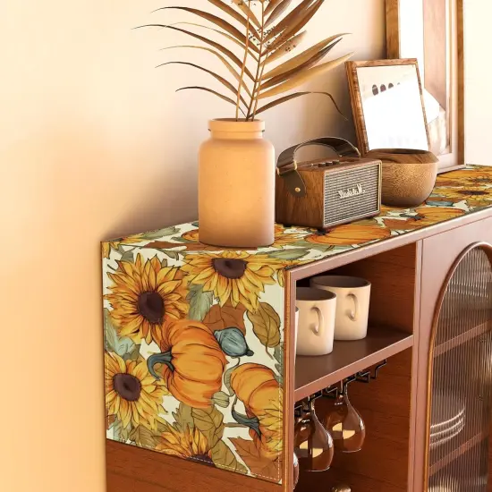 Linen Watercolor Pumpkin Sunflower Fall Table Runner -13&times;72'' {4}