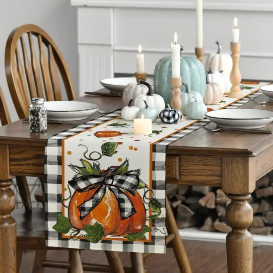 Pumpkin Bow Buffalo Plaid Fall Table Runner {2}