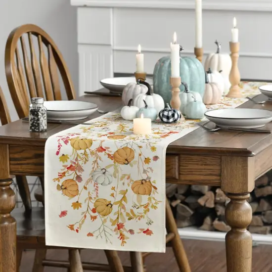 Wildflowers Bloom Floral Pumpkin Leaves 210 GSM Fall Table Runner,13x120 Inch {3}