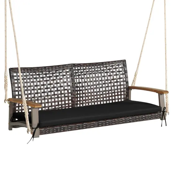 Costway 2-Person Patio Rattan Hanging Swing Chair Porch Loveseat Cushion Off {1}