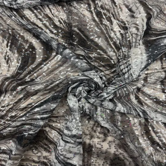 1 Yard Black and White Fan Print Sequin Mesh Fabric Multipurpose {2}