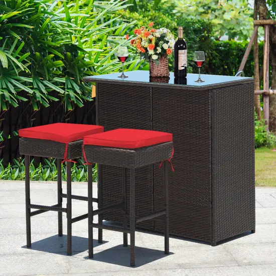 Costway 3PCS Patio Rattan Wicker Bar Table Stools Dining Set Cushioned Chairs Garden Red {2}