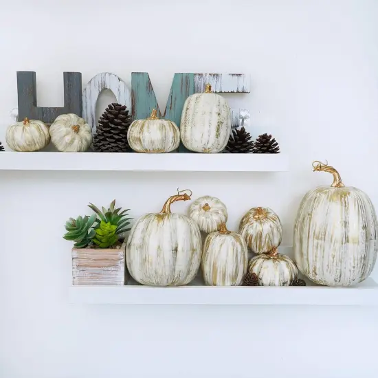 10 Pcs Assorted Fall Artificial Pumpkins - Gold & White {5}