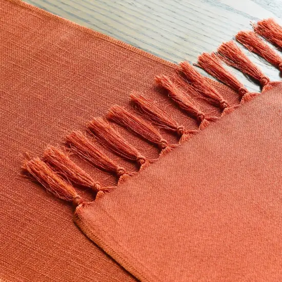 Terracotta Orange Tassel Table Runner, Fall Linen Blend -13x72 Inch {4}