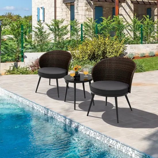 Costway 3PCS Patio Rattan Bistro Furniture Set Cushioned Chair Table Garden {2}