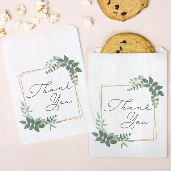 Big Dot of Happiness Boho Botanical Thank You Paper Treat Bags, Bridal Shower or Wedding Candy Bags, Greaseproof White Sandwich Cookie Bags - 25 Count {1}