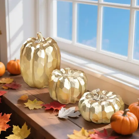 3 Pack Gold Pumpkins for Fall Table Decor {3}