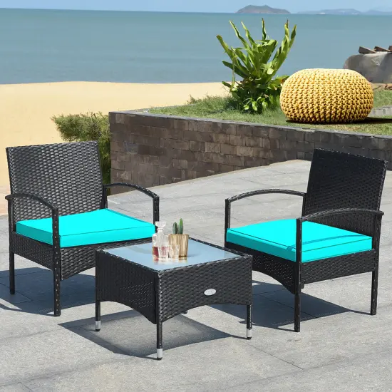 Costway 3 PCS Patio Wicker Rattan Furniture Set Coffee Table & 2 Rattan Chair W/Cushion {10}