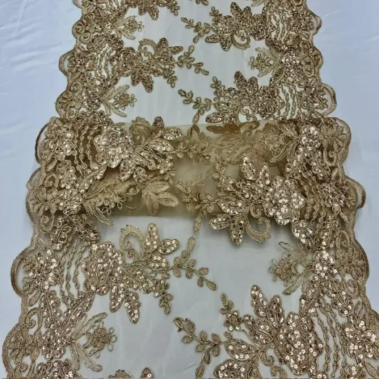 1 Yard Champagne Sequin Lace Fabric 100% Polyester Embroidered Mesh for Bridal & Evening Wear {1}