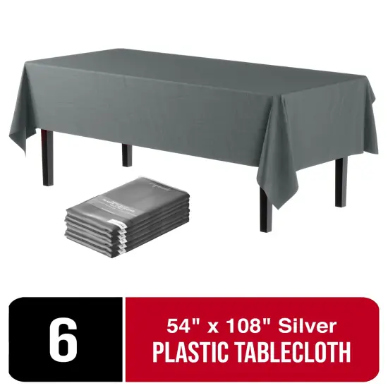 Exquisite 6-Pack Premium Plastic Tablecloth 54in. x 108in. Rectangle Plastic Table Cover Silver {3}