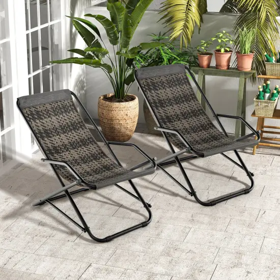 Costway Patio Folding Rattan Sling Chair Rocking Lounge Chaise Armrest Garden Portable {9}