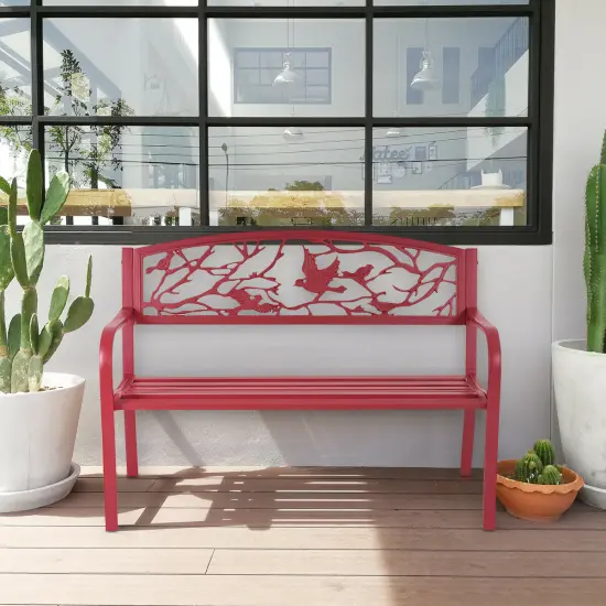 Costway Patio Garden Bench Park Yard Outdoor Furniture Cast Iron Porch Chair Red {5}
