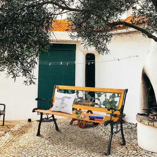 Costway Patio Park Garden Bench Porch Chair Outdoor Deck Cast Iron Hardwood Rose {4}