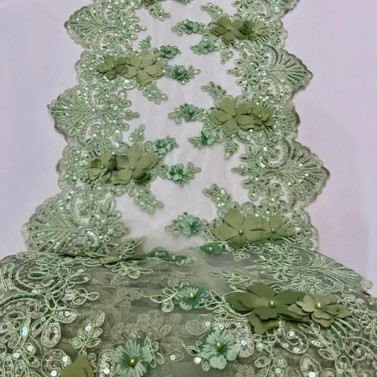 3 Yard Sequin 3D Lace Fabric 33cm Wide Polyester Embroidered Mesh with Pearls & Scalloped Edge Sage {1}