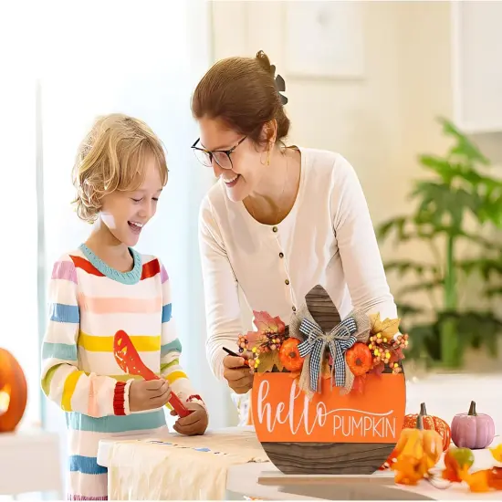 Wooden Autumn Hello Pumpkin Sign Table Top Decor {5}