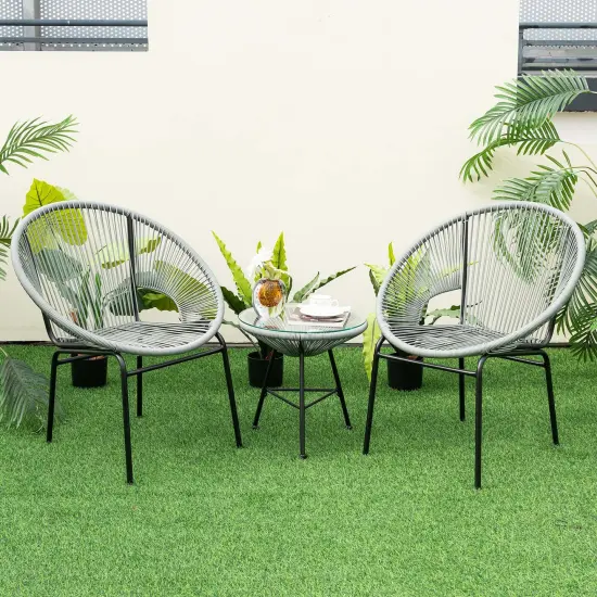 Costway 3PCS Patio Acapulco Furniture Bistro Set Plastic Rope Glass Table Black/Gray/Turquoise/White {3}