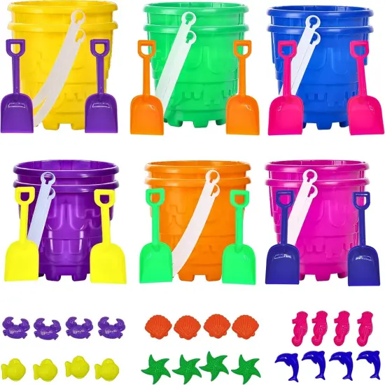 4E's Novelty 12 Sets Beach Toys - Includes 12 Sand Buckets, 12 Shovels, 24 Sand Molds for Kids - Small 5.75" Beach Buckets Bulk for Summer Party Favors, End of Year Student Gifts Toys {1}