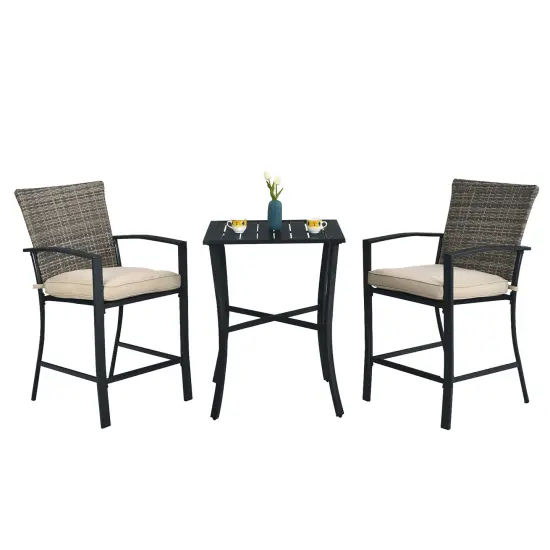 3PCS Patio Rattan Bar Furniture Set Slat Table 2 Cushioned Stools Poolside Gray {2}