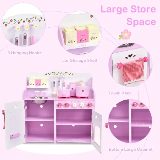 Costway Kids Wooden Play Set Kitchen Toy Strawberry Pretend Cooking Playset Toddler {3}