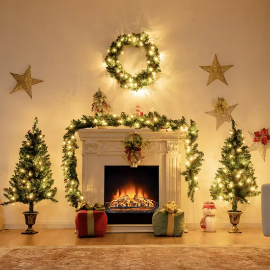 Costway 4pcs Pre-lit Christmas Decoration Set w/ Garland Wreath & Entrance Trees {2}