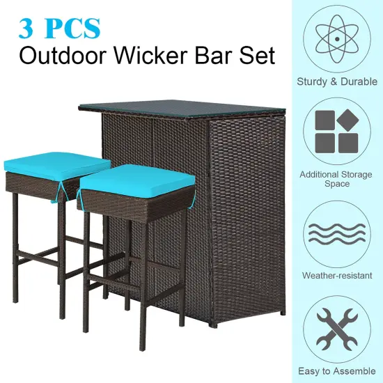 Costway 3PCS Patio Rattan Wicker Bar Table Stools Dining Set Cushioned Chairs Turquoise {5}