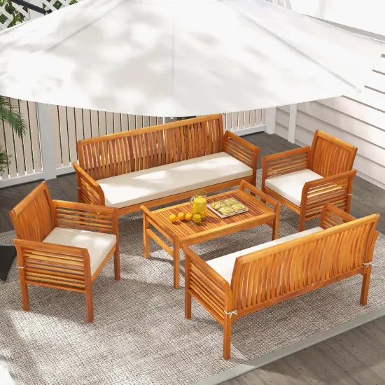 Costway 5 PCS Patio Furniture Set with Acacia Wood Frame & Removable Seat Cushions {2}