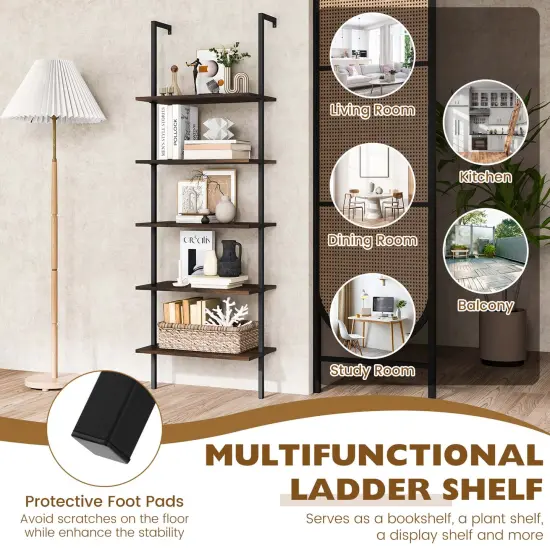 Costway 5 Tier Ladder Shelf 71'' Height Wall-Mounted Bookshelf Display Storage Organizer Brown/Natural/White {6}