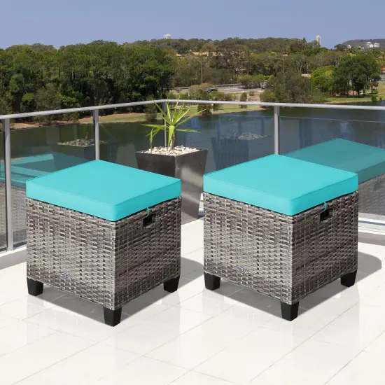 Costway 2PCS Patio Rattan Cushioned Ottoman SeatFoot Rest Table {8}