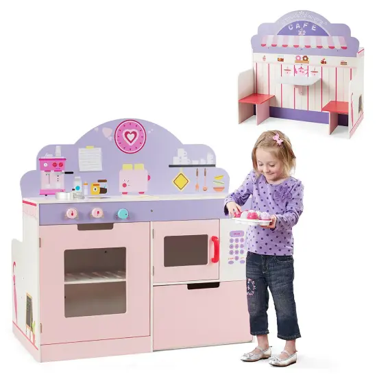 Costway 2 in 1 Kids Play Kitchen & Cafe Restaurant Wooden Pretend Cooking Playset Toy {1}