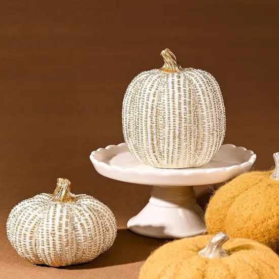 2PC White and Gold Pumpkin Decor Figurine {1}