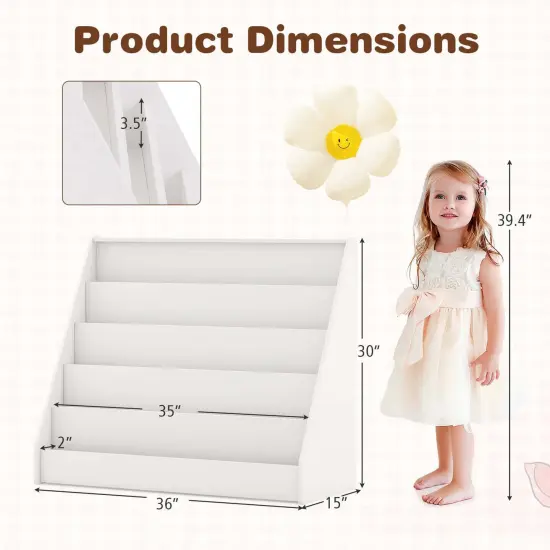 Costway 5 Tier Kids Bookshelf with Anti-Tipping Device Kids-friendly Height for Bedroom Natural/Brown/White {3}
