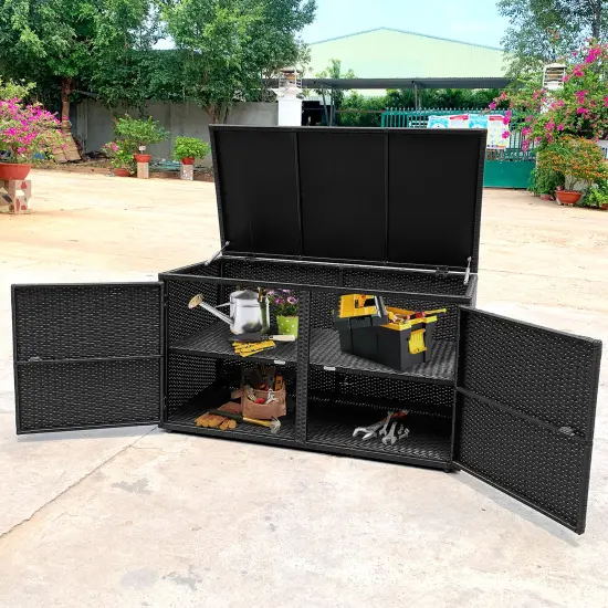 Costway 88 Gallon Garden Patio Rattan Storage Container Box Bin Shelf Black\Brown {5}