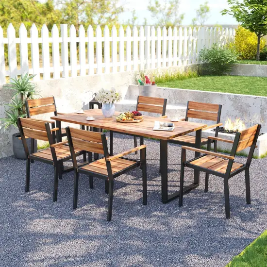 Costway 7 PCS Acacia Wood Patio Dining Set 6 Armchairs and 69" Table with 2" Umbrella Hole {1}