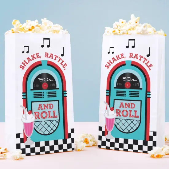 Big Dot of Happiness 50's Sock Hop Popcorn Bags, 1950s Rock N Roll Party Favor Snack Treats, Free-Standing Individual White Paper Bags - 25 Count {1}