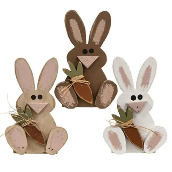 Decorative Wooden Sitting Bunnies with Carrot and Raffia Bow for Display 3 Asstd. {1}