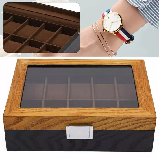 10-Slot Leather Watch Box Display Case Organizer Glass Jewelry Storage with Lock {3}