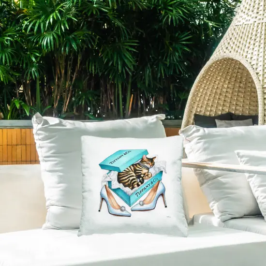 Blue Shoebox with Kitty Outdoor Printed Pillow Design by Amanda Greenwood, 18 x 7 x 18 {2}