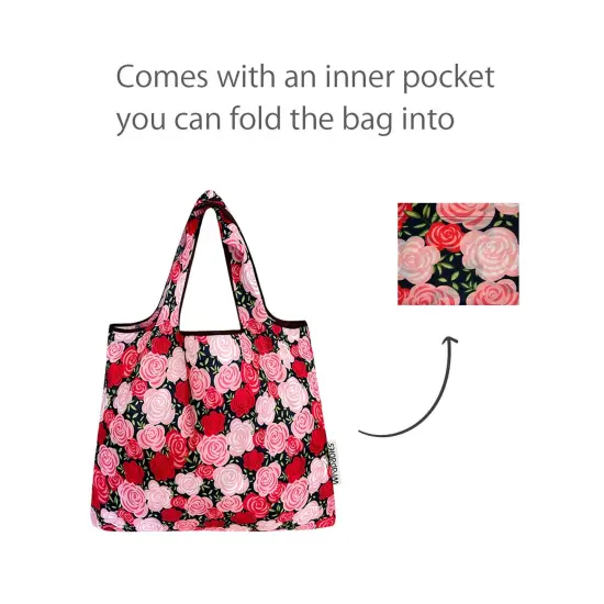 Wrapables Foldable Tote Nylon Reusable Grocery Bag (Set of 2), Pink Roses {4}