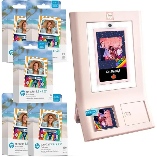 HP Sprocket Photobooth 3x4" Photo Printer Bundle w/3.5 x 4.25” Zink Photo Paper (500 Sheets) Pink {1}