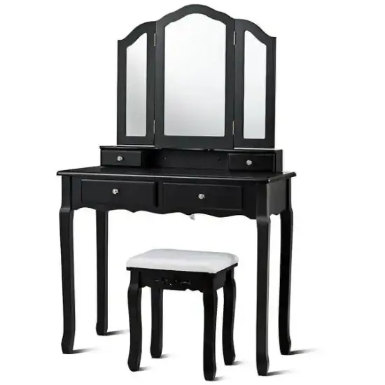 Tri Folding Mirror Vanity Table Stool Set with 4 Drawers and Cushioned Stool Black {6}