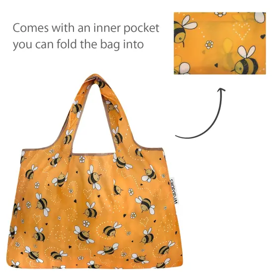 Wrapables Large Foldable Tote Nylon Reusable Grocery Bags, Yellow Bees {5}