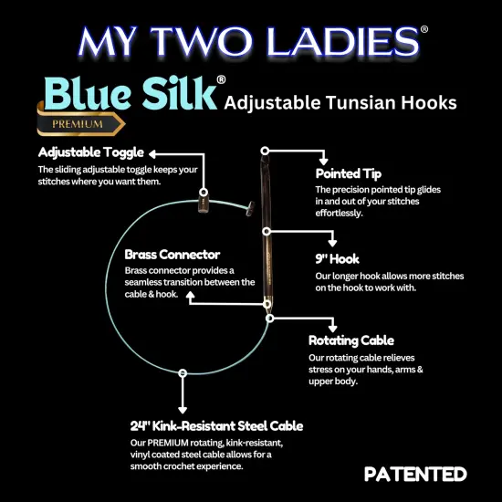 My Two Ladies | Ultimate Blue Silk Tunisian Adjustable Crochet Hook Set | 12 Sizes | w/custom case {2}