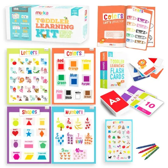 Merka Toddler Learning Kit, Learning ABC, Alphabet, Letters, Colors, Shapes and Numbers, Educational Toys Set with 4 Posters, 58 Flashcards, 1 Practice Book, 36 Stickers, Preschool Homeschool Kit {1}
