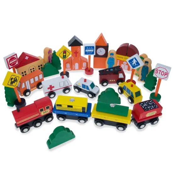 Set of 40 Pieces City Vehicles, Buildings, and Signs Wooden Blocks {1}