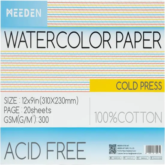 MEEDEN Watercolor Paper Block, 100% Cotton Watercolor Paper Pad of 20 Sheets, 140lb/300gms, Acid-Free Art Paper for Watercolor, Gouache, Ink and More, 9" x 12" Cold Press {1}